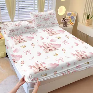 3-Piece Pink Princess Castle Fitted Sheet Set, 1 Fitted Sheet + 2 Pillowcases, Soft Breathable Fabric, Non-Slip Mattress Cover, Coquette Castle Bedding, Perfect for Teen Bedroom, Fairy Tale Room Decor