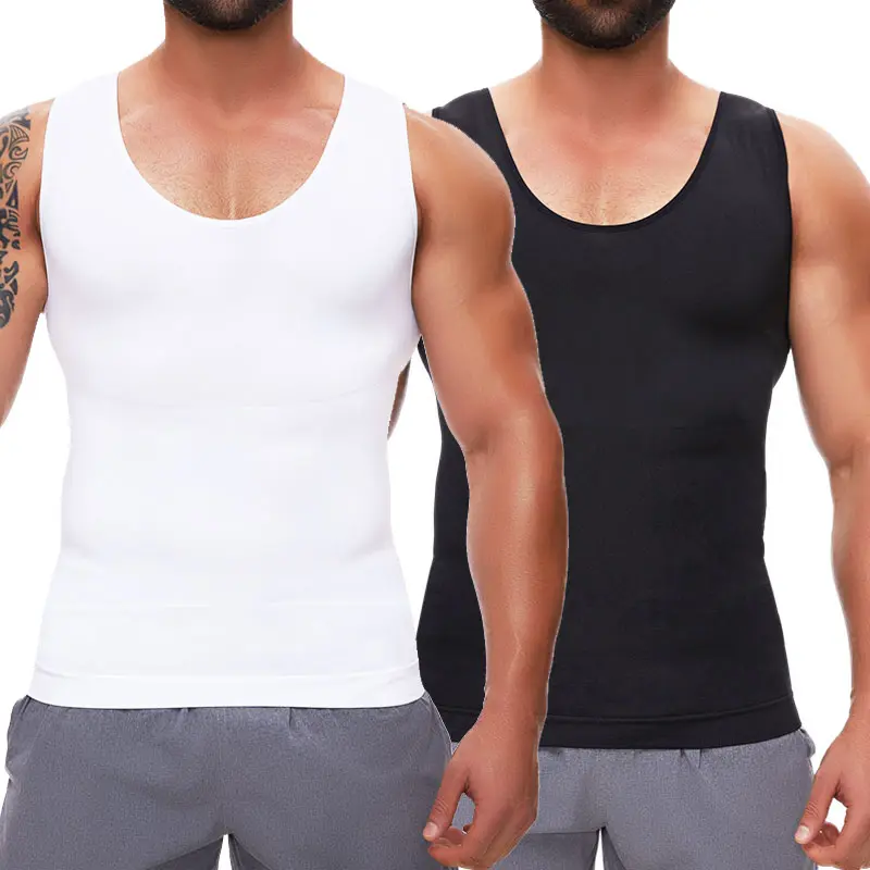 Cattibor Men's Nylon Blend Compression Tank Top - Plain U-Neck Athletic Sleeveless Vest, Sports Training Activewear with Tummy Control for Gym, Fitness, Athletic Top