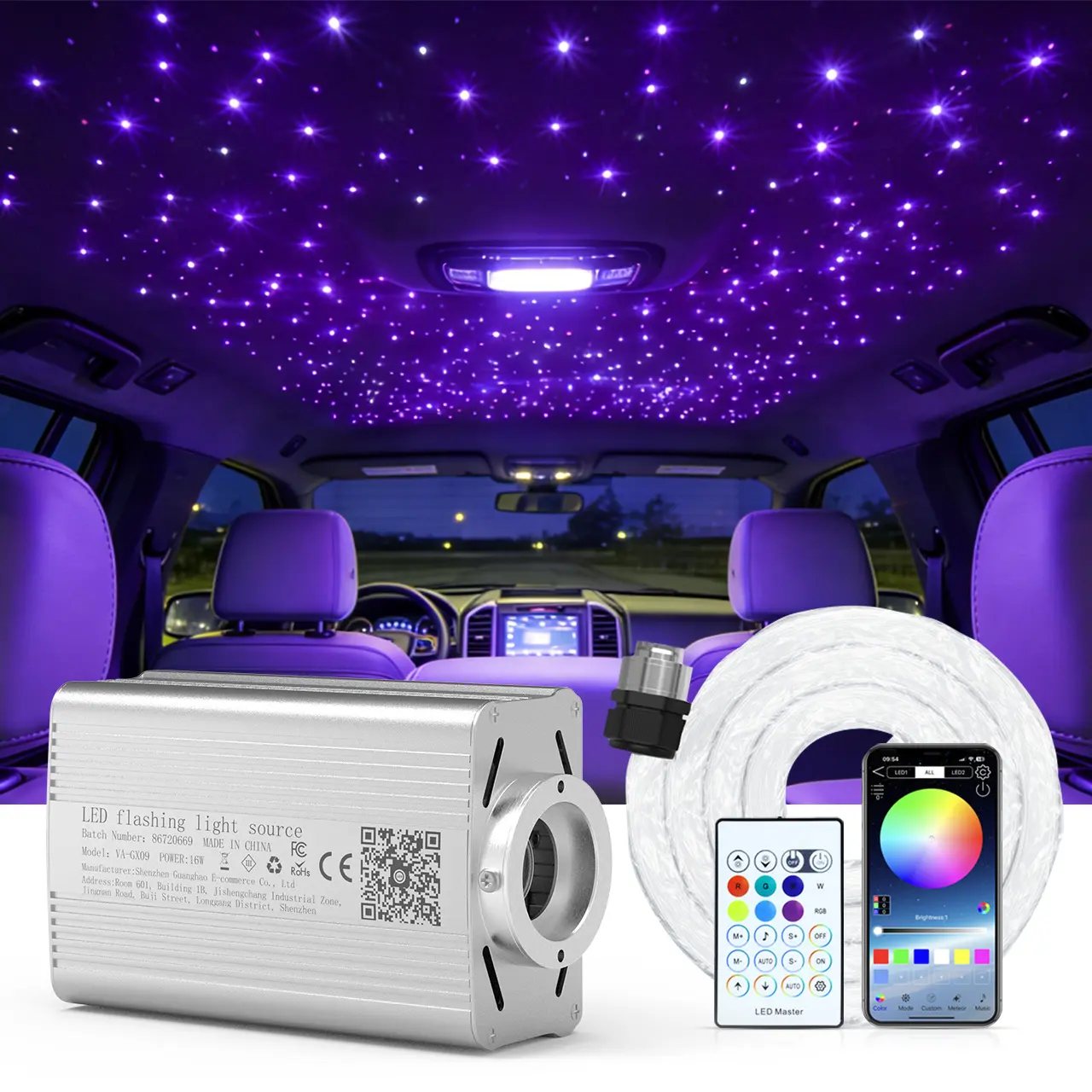 1200-Piece Car Starlight Headliner Kit - 12V DC Power Supply DIY Color Changing RGB Star Roof Lights, Bluetooth APP/Remote Control, Adjustable Dual-Size Fiber Optic (800pcs 0.75mm + 400pcs 1mm), Music Sync for Realistic Starry Sky