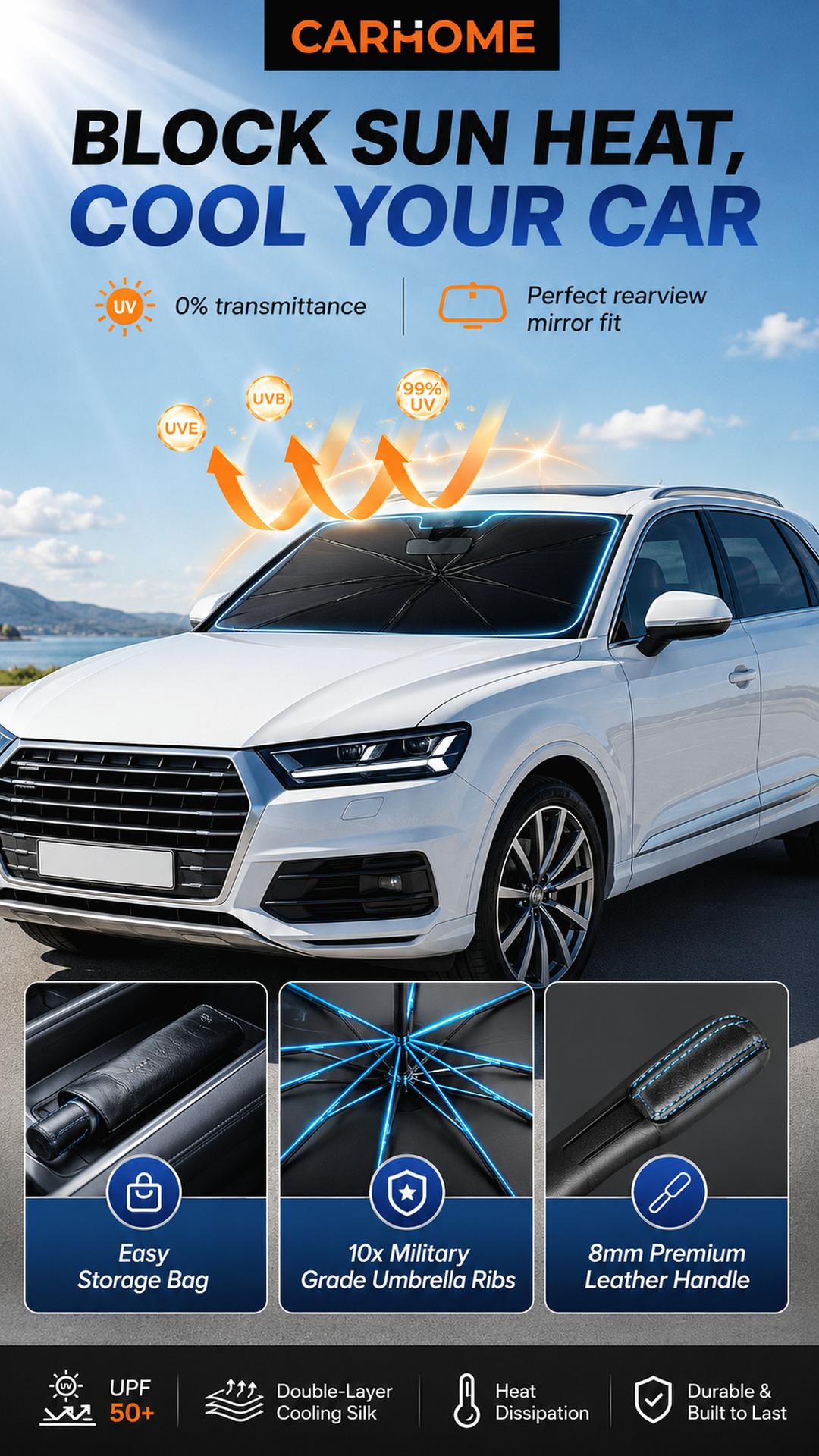 CARHOME Car Windshield Sun Shade - Car Accessories, Foldable Umbrella-Style Heat Shield with UV Protection, Reinforced Spring Edge, 55" x 31" Dashboard Protector
