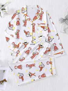 Women's Sleepwear Cute Loungewear Set, Cherry and Monkey Print Pajamas, Comfortable Collared Top and Long Pants, Casual All Seasons Fitted