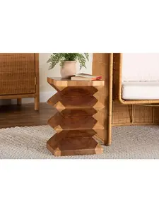Bali & Pari 193271466542 Zigzag Design Malati Solid Suar Wood Side Table with Hand-Carved Sculptural End Table, Natural Brown, Boho Nightstand, Modern Wood Table