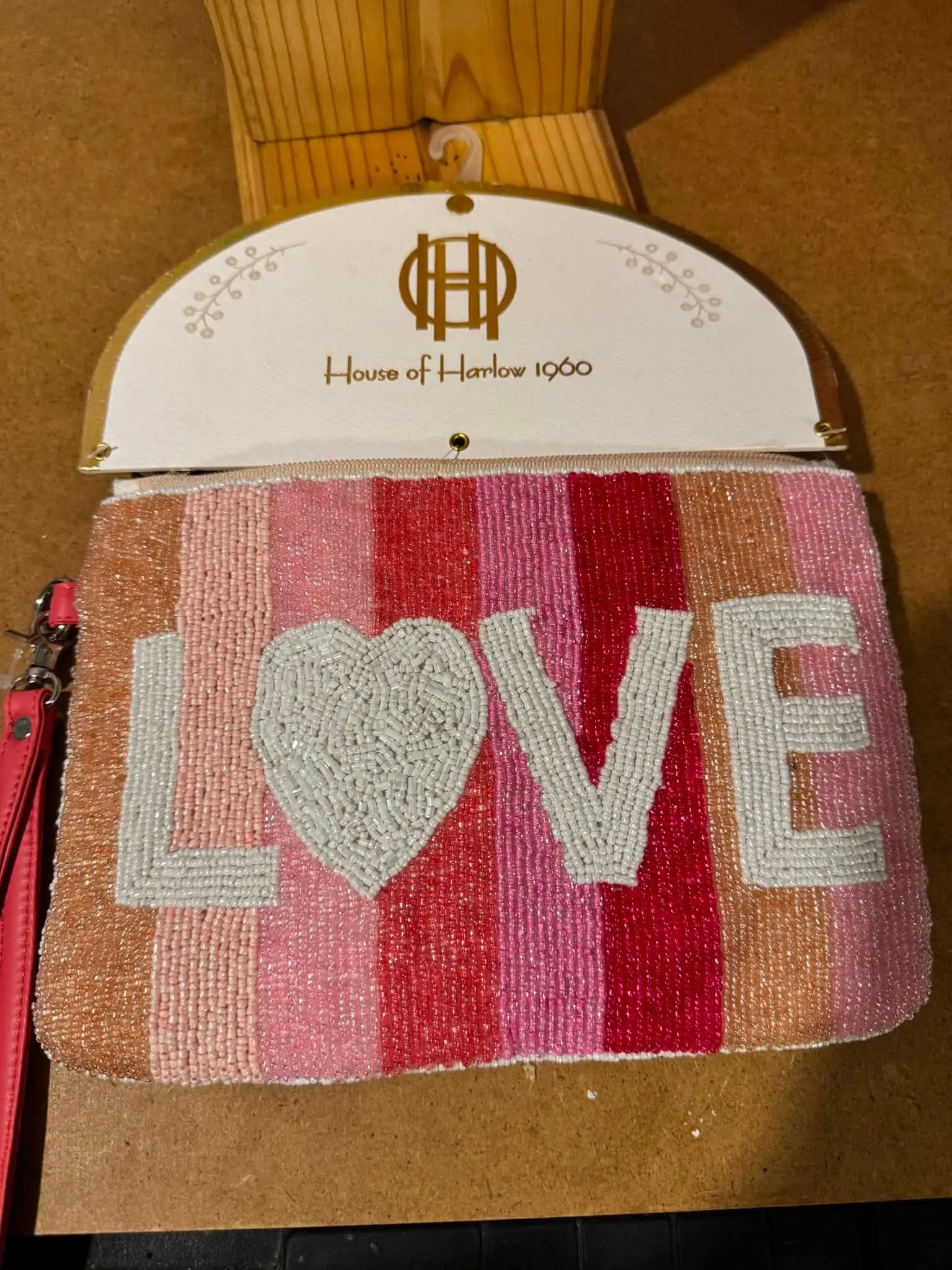 House of Harlow 1981 Love Beaded Handbag with Heart Design in Pink and Red Stripes