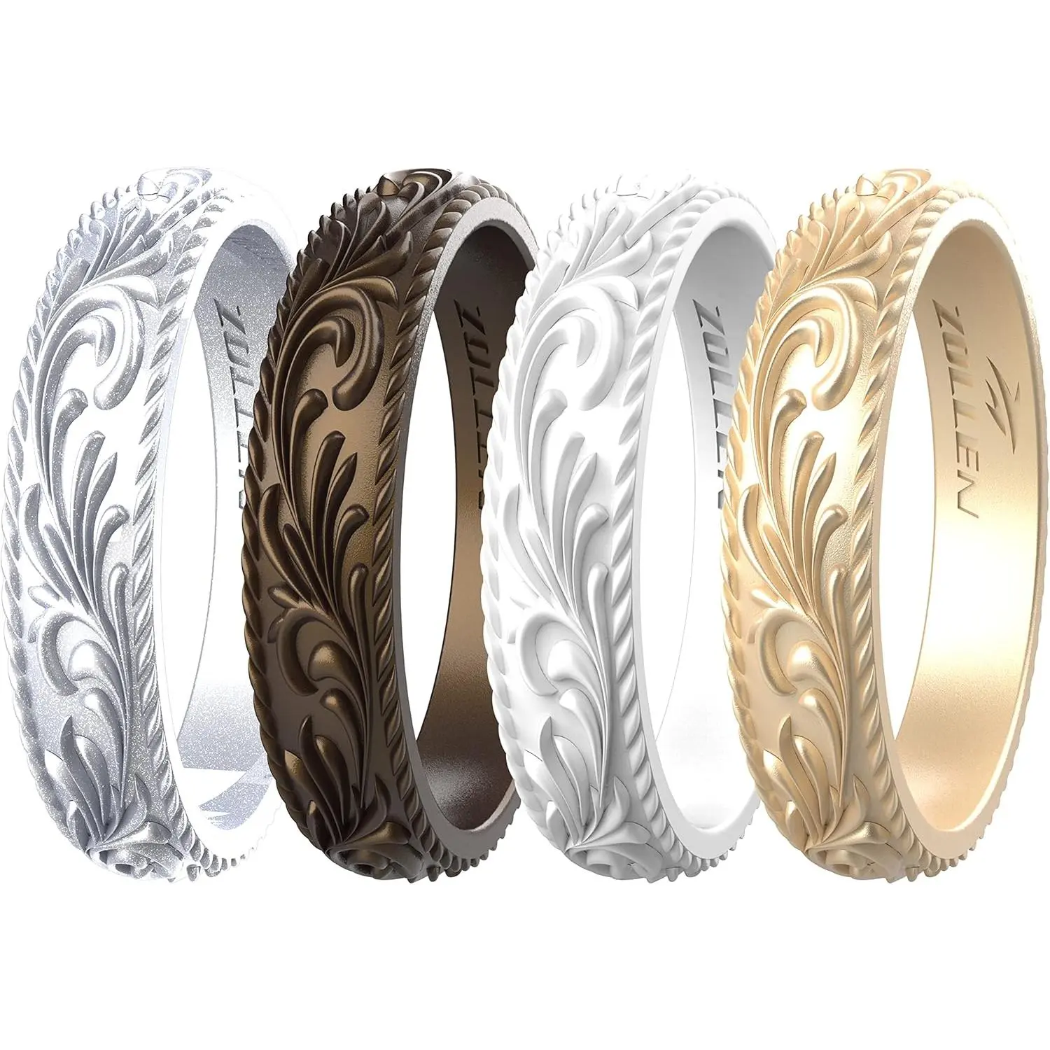 Silicone Wedding Rings for Women 4/7 Packs -Metallic Stackable Silicone Rubber Wedding Bands -Innovative Vine Collection