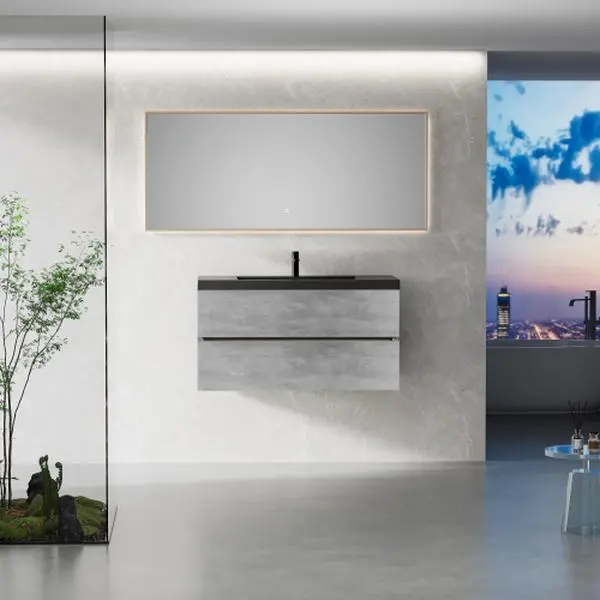 42" EDI-Series Cement Grey Floating Bathroom Wall Cabinet, Fully Assembled Wall-Mounted Vanity with Black Quartz Sand Top Basin, Soft Close Drawers, 24V12-42GR pantry cabinet board