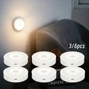 3/6pcs USB Charging LED Round Light, Dimmable Wall Lamp, Button Night Light, Button Switch, 3-color Dimmable, adjustable brightness, suitable for lockers, stairs, corridors, office spaces
