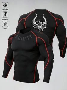 Men's Demon Graphic Compression Long Sleeve Shirt, Red Flatlock Stitching Edgy Dark Aesthetic Athletic Top, Stretchy Moisture-Wicking Quick-Dry Rash Guard, Ideal for Gym, Running, Cycling & Urban Street Style