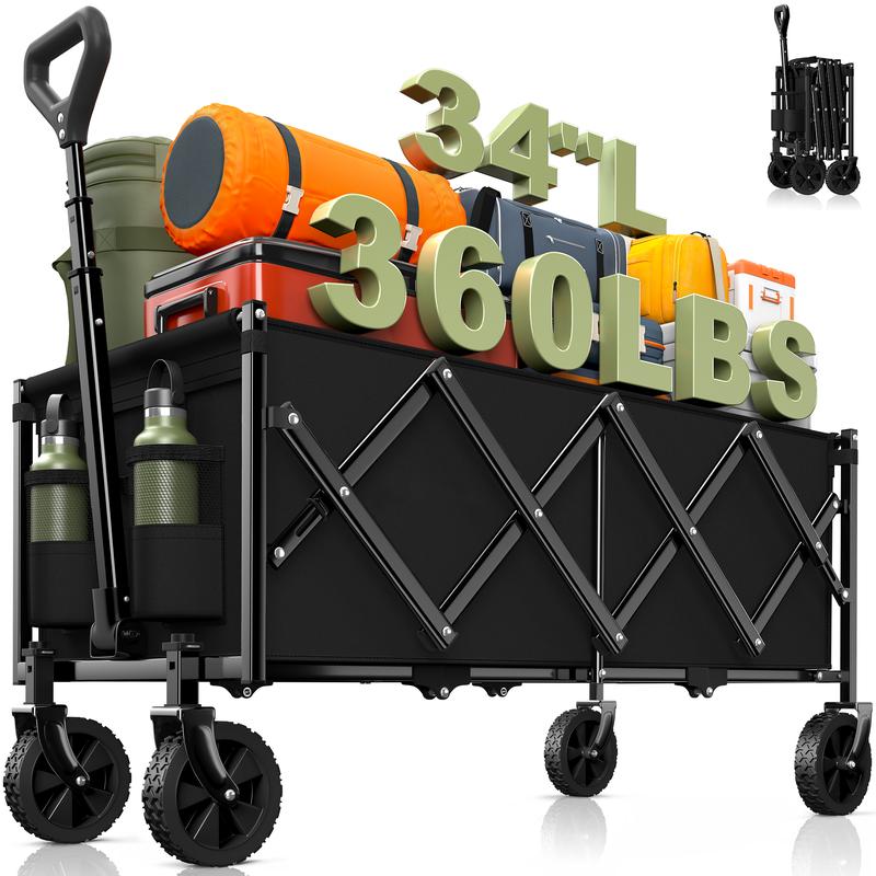 Collapsible Wagon Cart Foldable 34'' Extra Long, 360LBS Heavy Duty Folding Gardening Cart with Wheels, Portable Utility Outdoor Wagon for Grocery, Shopping, Sports, Camping, Black