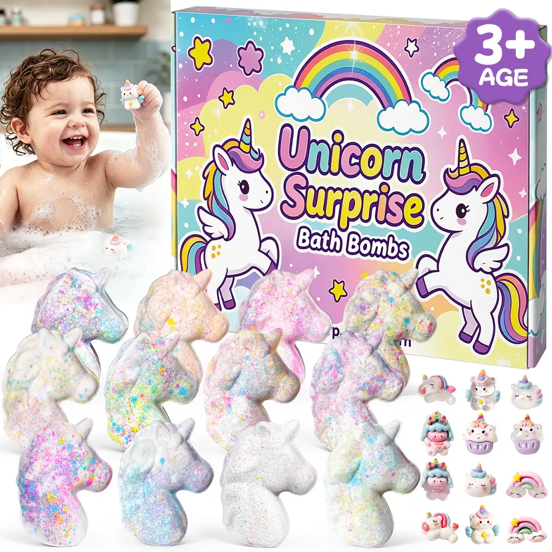 2026 New Unicorn Surprise Bath Bombs for Girls Kids with Hidden Unicorn Toys Inside, 12-Pack Natural Glitter Fizzy Bath Bombs Gift Set, Cute Magical Figurines for Toddlers Girls Boys