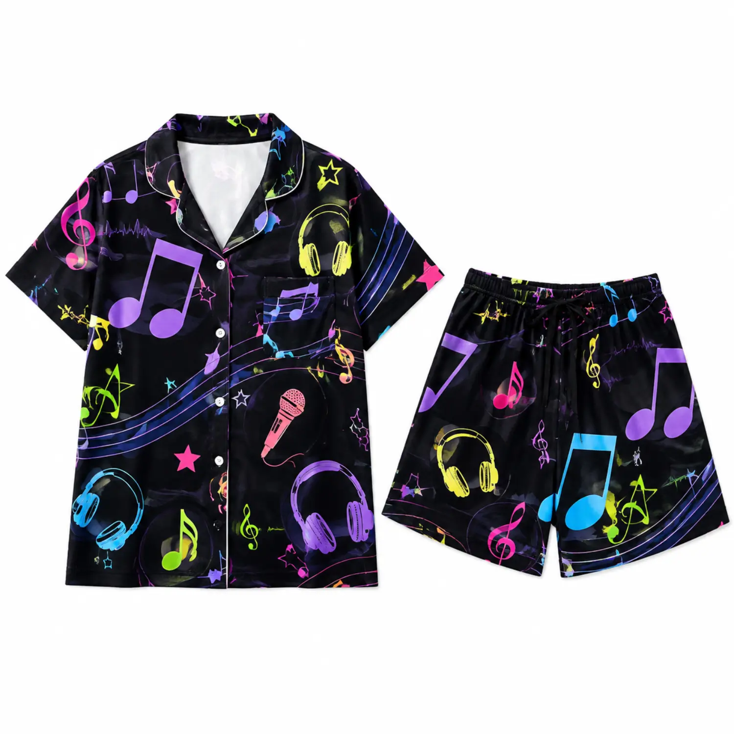 Colorful Musical Notes Pajama Set, Short Sleeve Button Down Sleep Shirt and Matching Shorts, Black Graphic Nightwear for Music Lovers
