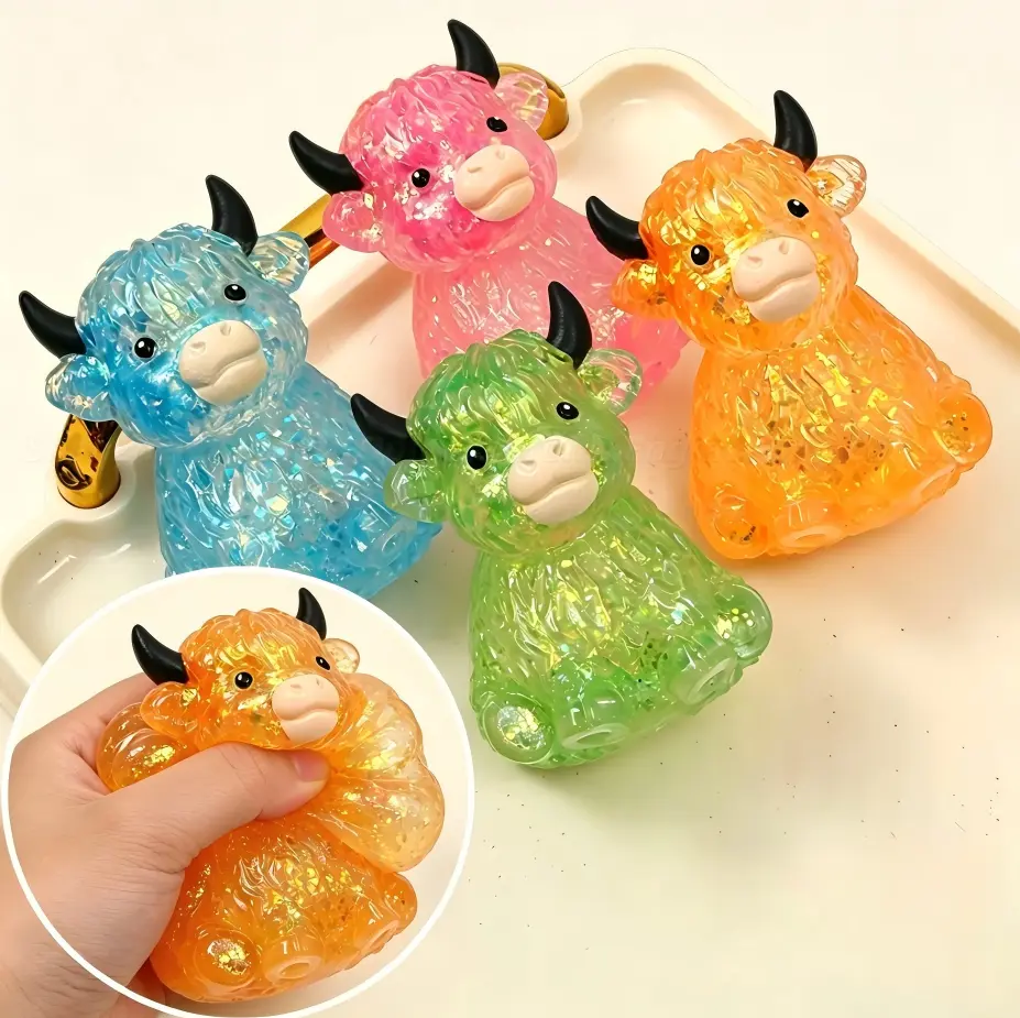 【Gift for Father's Day】Cute Sparkle Highland Cow Squeeze Fidget Toy, Soft Stretch Anxiety Relief Squish Toy for Party Gift