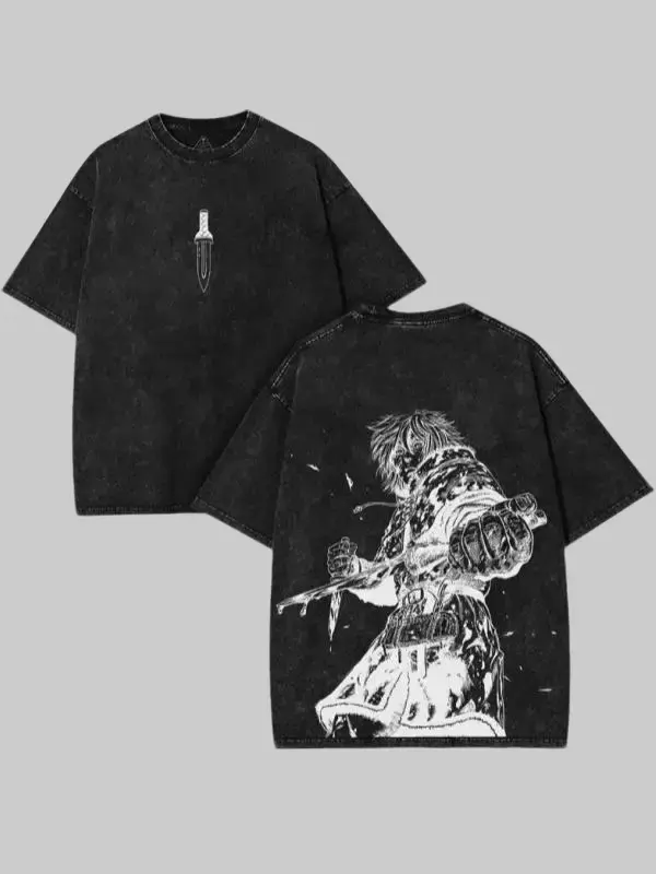 Men's Vintage Washed Black Oversized Bold Graphic T-Shirt - Baggy Short-Sleeve Cotton Top, Vinland Saga Thorfinn Double-Sided Dagger Warrior Line Art Print, Darkcore Grunge Samurai Streetwear for Historical Anime Fans, Tshirt
