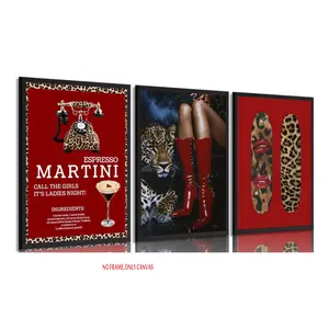 3-Piece Set / Stylish Red Leopard-Print Wall Art, Retro-Trendy Boot Mural, Alluring Red Lips Poster, Aesthetic Leopard Print, Vintage Leopard Print. Perfect for girls' bedrooms, apartments, dorm rooms, and home decor. 2D flat, frameless.