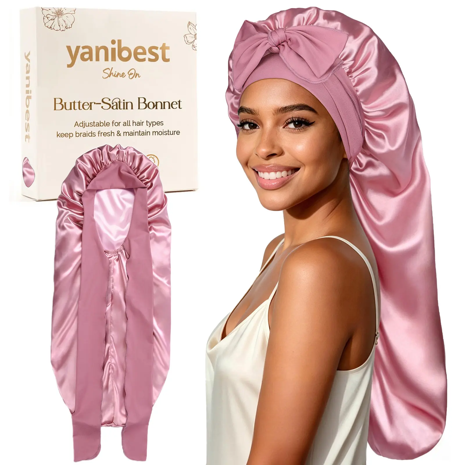 YANIBEST Extra Long Satin Hair Hat, Adjustable Bonnet with Wide Band to Reduce Frizz & Protect Braids and Locs
