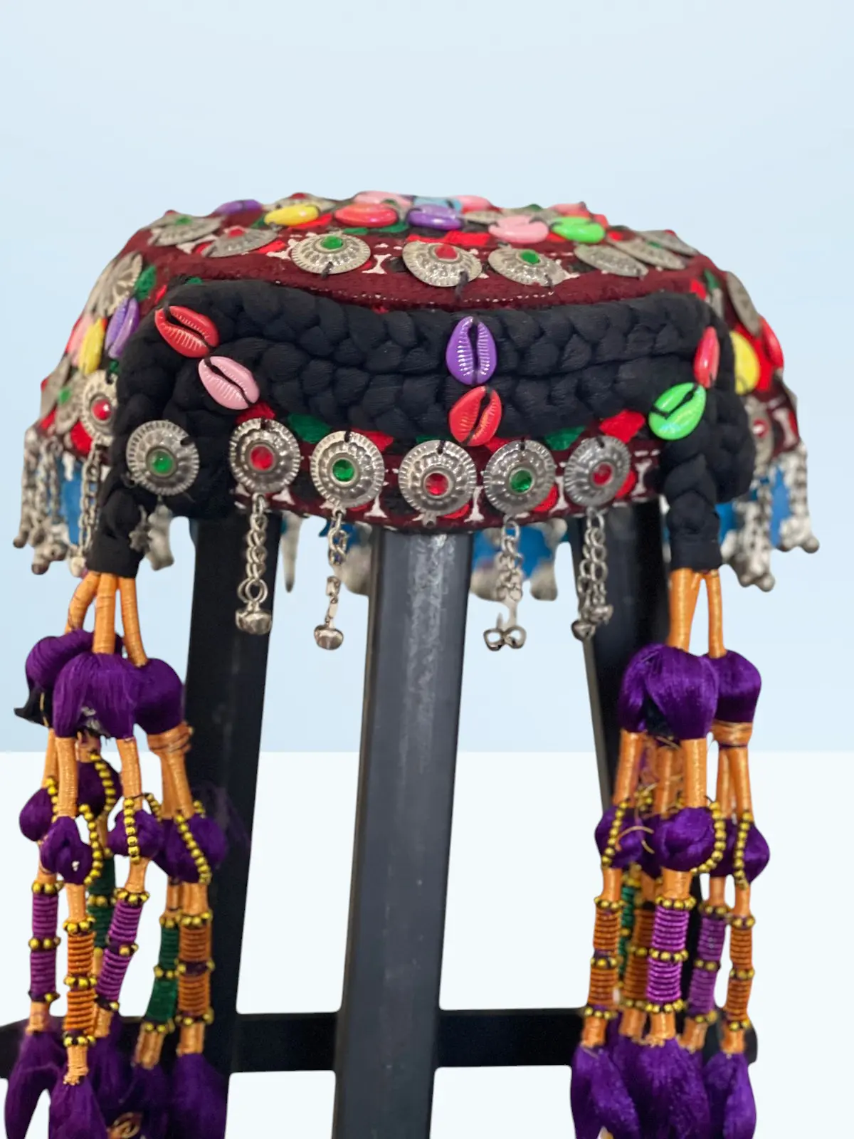 Afghan Traditional Kuchi Cap for Women | Embroidered Afghan Headpiece with Tassels, Coins & Cultural Hat