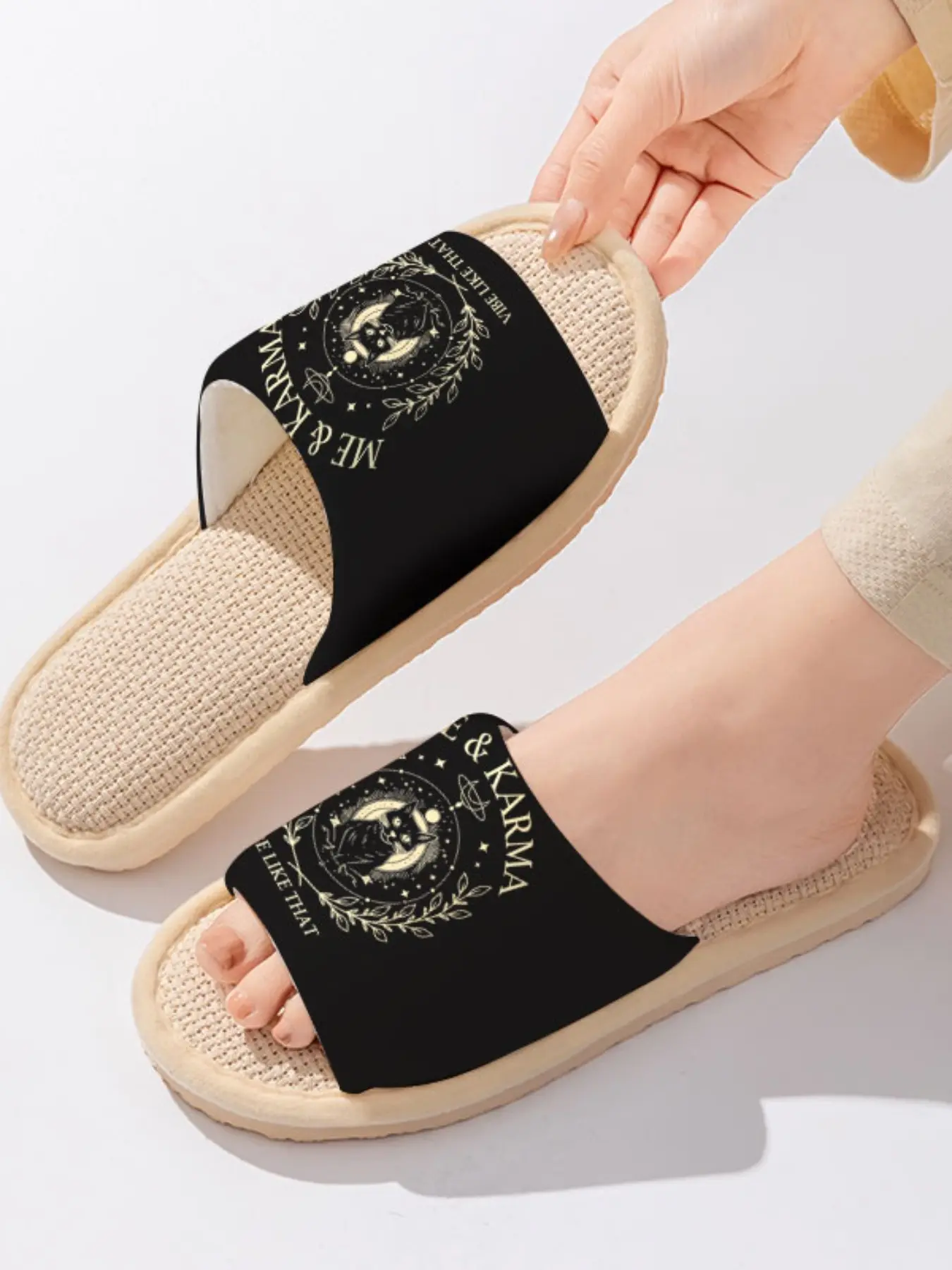 Mystic Cat & Karma Slogan Print | Dark Witchy Vibe 1 Pair Linen Breathable Non-Slip Indoor & Outdoor Slippers For Subculture & Witchy Fans (Spring Summer)