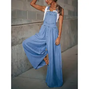 Stylish Sleeveless Denim Jumpsuit Loose Fit with Pockets Adjustable Straps Womenswear Overalls
