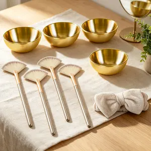 Facial Bowl, Brush and Soft Bow Hairband Set - 4 Gold Stainless Steel Mixing Bowls 4 Facial Fan Brushes Esthetician Face Mask Brush for Mud Cream Makeup Spa Salon