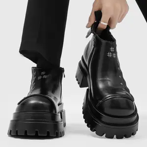 Men's All-Black Big-Head Derby Shoes - Cross-Embroidered, Chunky Lug Sole, Ankle Footwear for Commute & Daily Wear, Suitable for All Seasons