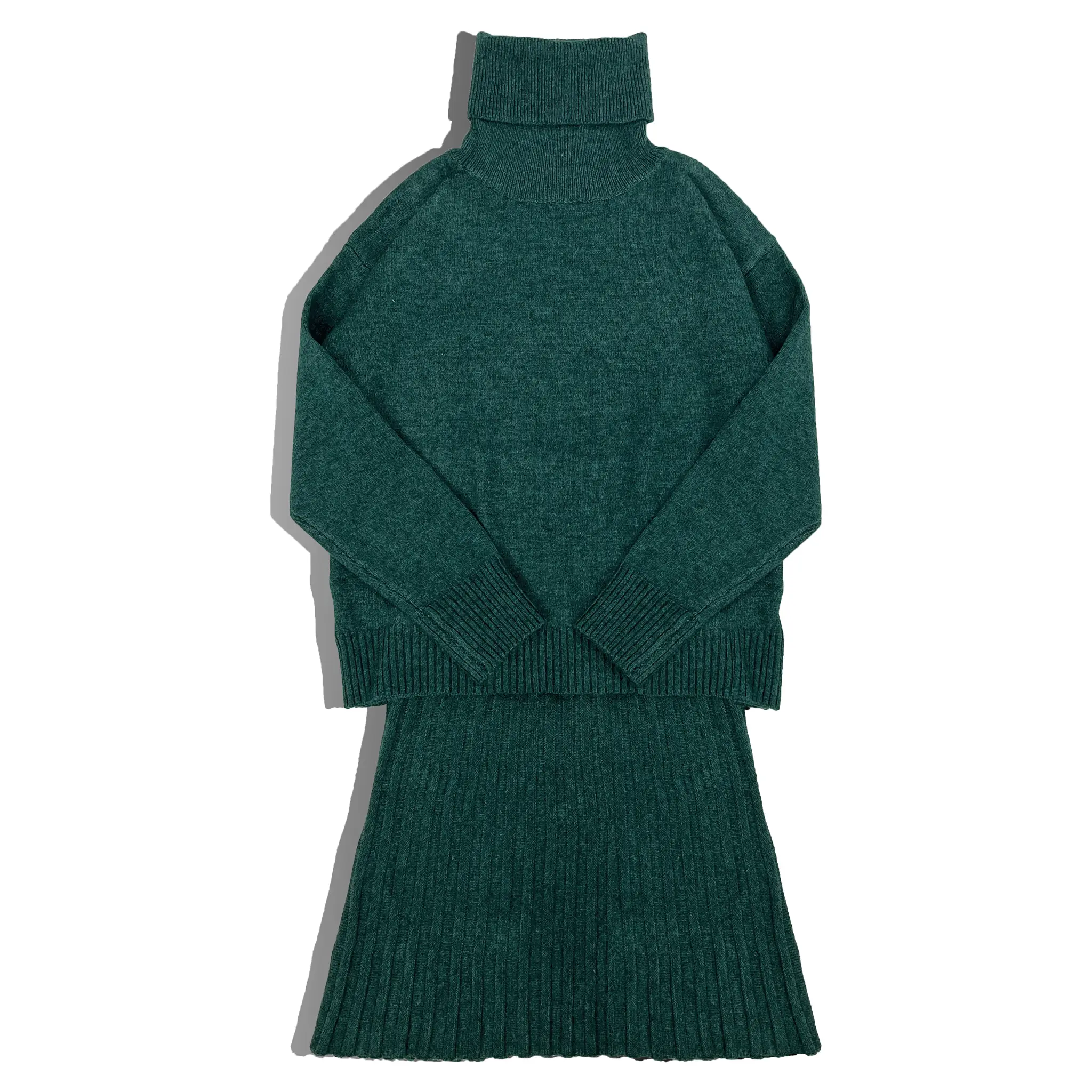 Women's Dark Green Fitted Knit Set - Turtleneck Sweater & Pleated Mini Skirt - Minimalist Basic Clothes for Easy Matching