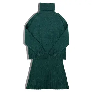 Women's Dark Green Fitted Knit Set - Turtleneck Sweater & Pleated Mini Skirt - Minimalist Basic Clothes for Easy Matching