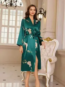 Floral Bird Satin Elegant Comfortable Loose Fit Belted Casual Sexy Home Robe Loungewear Sleepwear Bathrobe, Stylish and Cozy