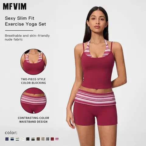 MFVIM Women's 2-Piece Matching Workout Set - Color-Block Double-Layer Halter Tank Top & High-Waisted Butt-Lifting Athletic Shorts, Nude-Feel Female Gym Workout Apparel, Travel Essential, Workout Sets Women