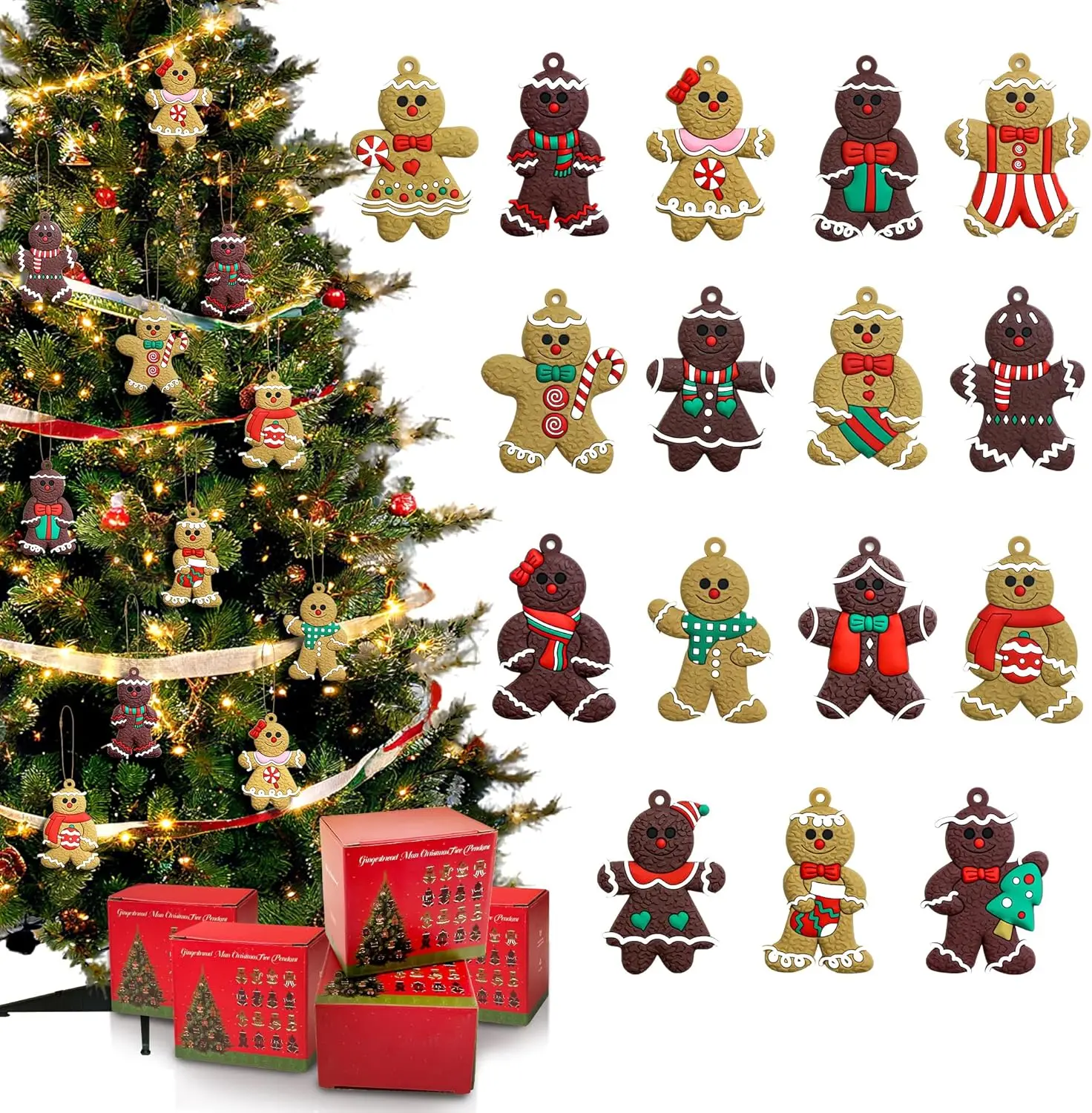 16-Pcs Gingerbread Man Ornaments for Christmas Tree Set with Gift Box Festive Holiday Decorations