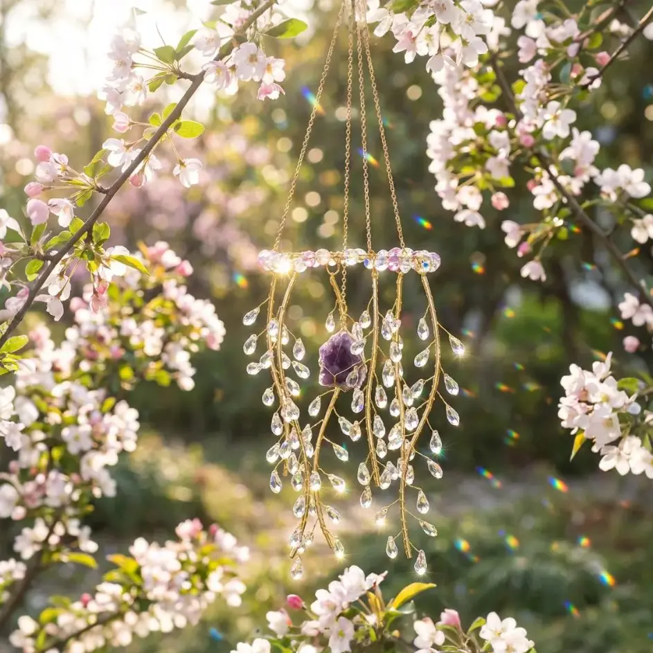 Crystal Suncatcher Wind Chime for Window Garden Boho Raw Gemstone Chandelier Willow Branch Hanging Prism Rainbow Maker Ornament Spiritual Amethyst Quartz Witchy Aesthetic Room Decor Outdoor Patio Birthday Gift for Women Mom Friends Healing Crystal Decor