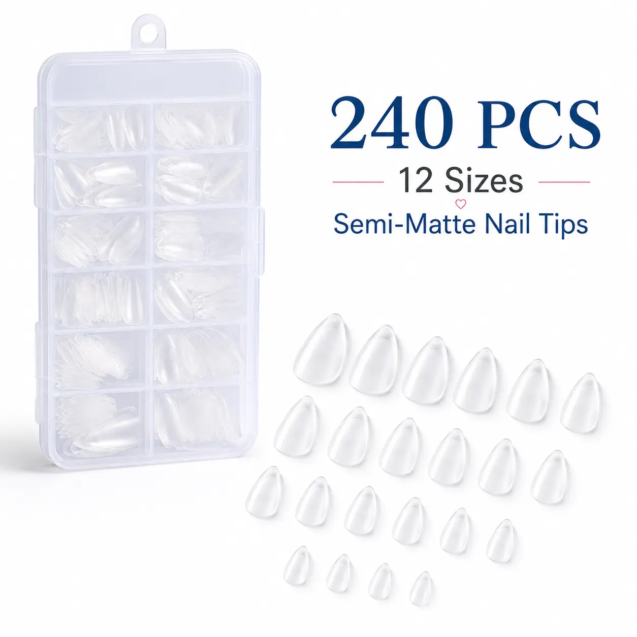 240 PCS Boxed Almond Shape Fake Nails - Semi-Transparent Semi-Matte Seamless Gel Friendly False Tips, Dual-Use Full/Half Cover Press-Ons with Storage Box, Beginner-Friendly No-Damage DIY Nails Tool for Home Art, Salons