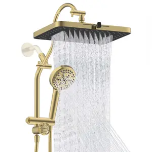 Hibbent cUPC Certified 13'' Shower Head Combo, High Pressure 5 Spray Rainfall Showerhead, 10 Spray Handheld, All Metal Easy Reach 4-way Diverter Arm with Pause Mode, 71'' Hose and Holder, Brushed Gold