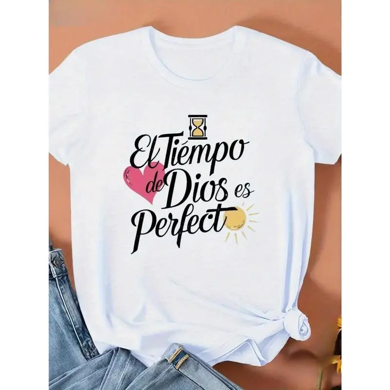 Women'S Casual T-Shirt with Inspirational Spanish Quote "El Tiempo de Dios es Perfecto" - Round Neck, Short Sleeve, Breathable & Comfortable for Spring/Summer, Loose Fit, Perfect for Daily Wear or Summer Parties trendy t-shirts