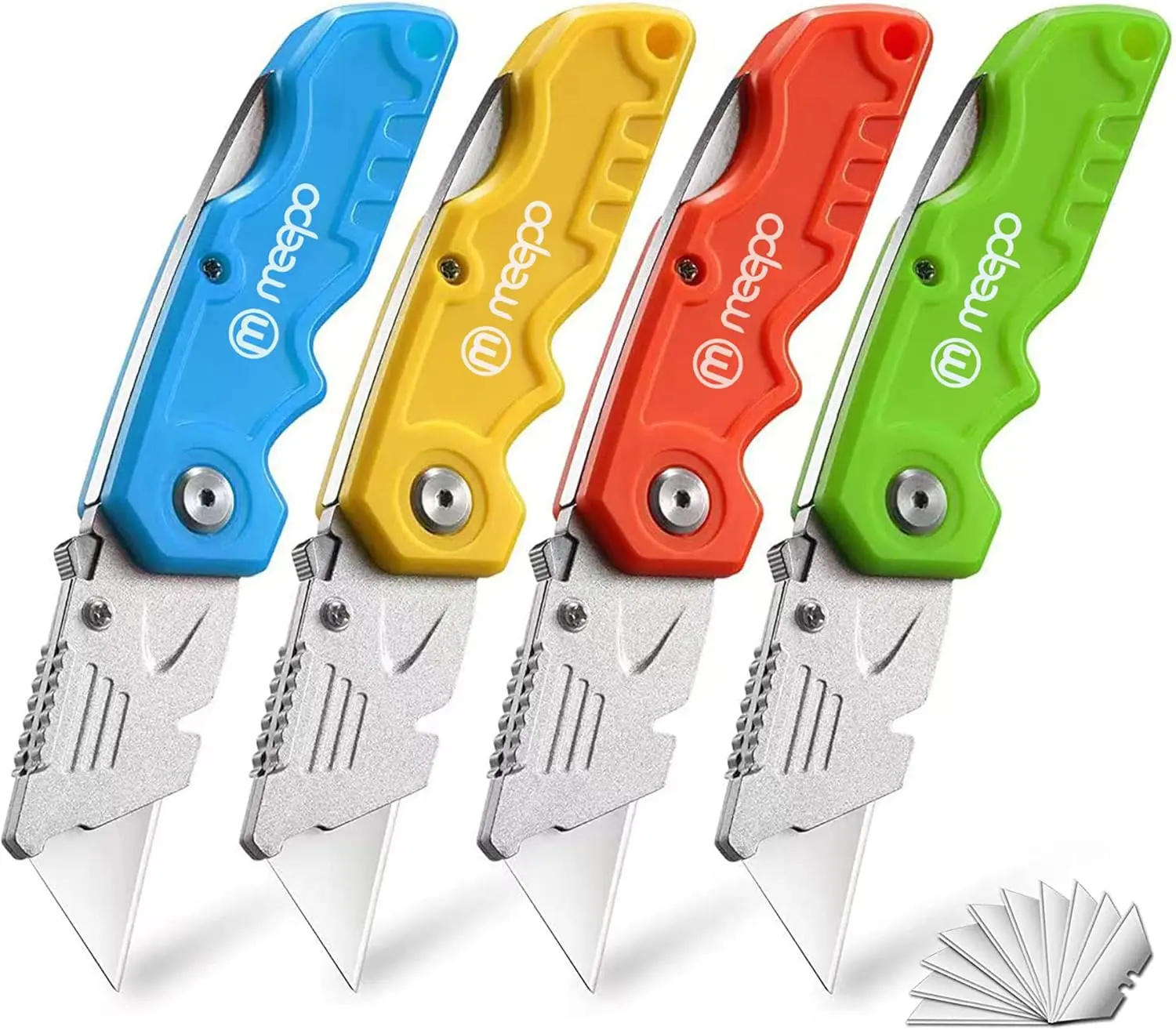 4-Pack Box Cutter, Colorful Folding Utility Knife w/ 10 pcs Blades | Tough Design, Razor Sharp Blade, Comfortable Handle, Can cut Drywall, Sheet Plastic, Linoleum, Boxes, Rope