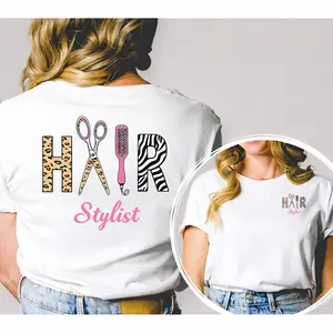 Women's Fitted Cotton Short-Sleeve Round Neck Printed T-Shirt - Leopard Print, Double-Sided Hairstylist Tool Design, Love-Inspired, Streetwear Casual Career Clothes