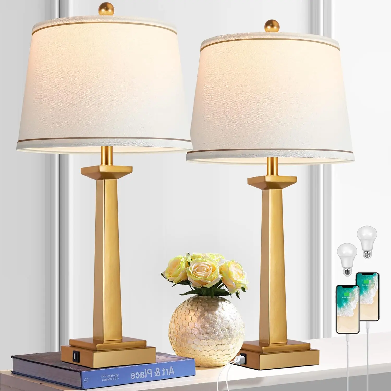 29" Gold Table Lamps for Living Room Set of 2, 3-Color Temperature Nightstand Modern Lamps with Dual USB Charging Ports, Resin Brass Tall Lamp for Bedrooms (LED Bulbs Included)