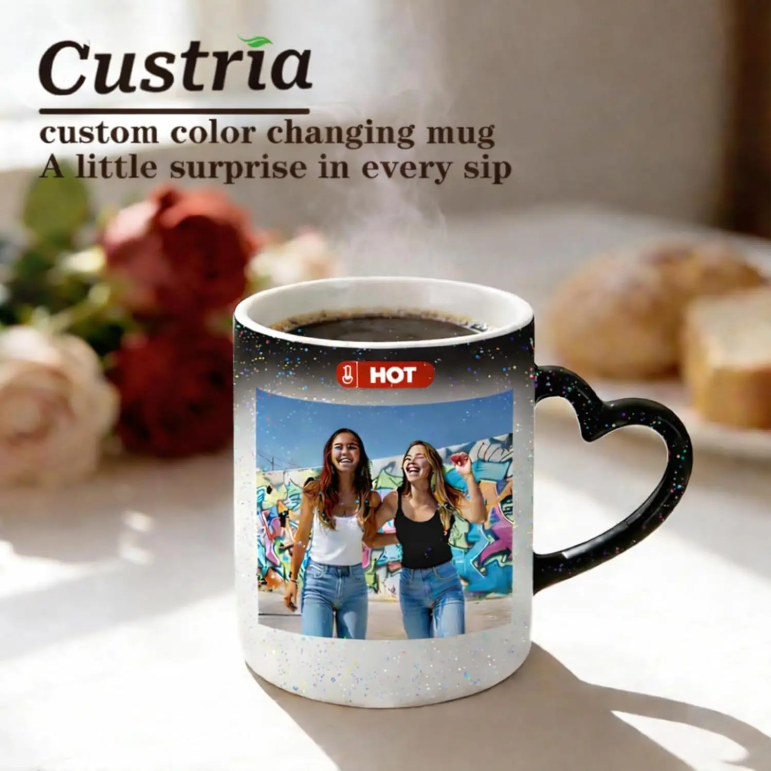 Customized 11oz Austria Ceramic Coffee & Tea Cup - Magic Heat Color-Changing Reveal, Heart-Shaped Handle, USA-Printed, Washable, Sturdy Reusable Beverage Drinkware, Personalized Birthday Gift for Girlfriend (Home & Festive Supplies)