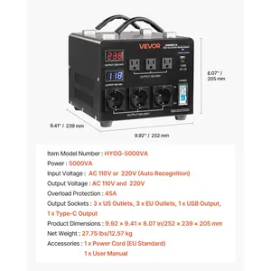 VEVOR Voltage Auto Converter Transformer, 5000VA, Heavy Duty Step Up/Down Power Transformer, 110V to 220V and 220V to 110V, with 3 US Outlets, 3 EU Outlets, LCD Display, Circuit Breaker Protection