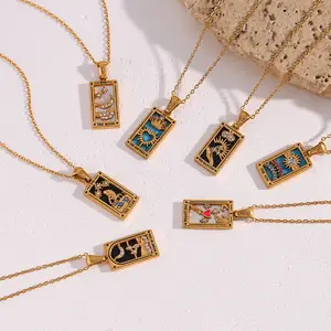 Gothic Retro Stainless Steel Rectangle Oil Drop Zircon Tarot Card Pendant Necklace, Artificial Gemstone Jewelry Gift for Adults