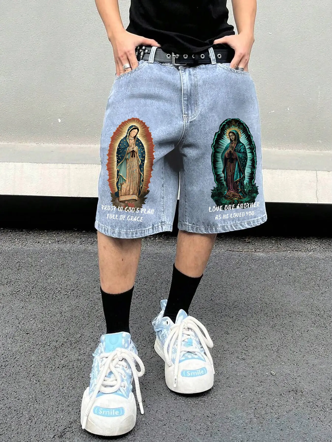 Men's Loose Jeans Shorts, Vintage Light Wash Wide Leg, Guadalupe Graphic Print Streetwear Street Style, Summer Skateboard Y2K Retro Dark Fashion, Love, Menswear