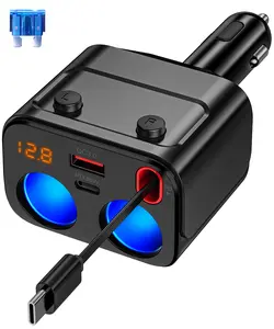 180W Retractable Car Charger Cigarette Lighter Splitter, 5 in 1 USB C Fast Car Charger with Retractable Cable,  120W Max Cigarette Lighter with Separate Switch LED Voltmeter Portable