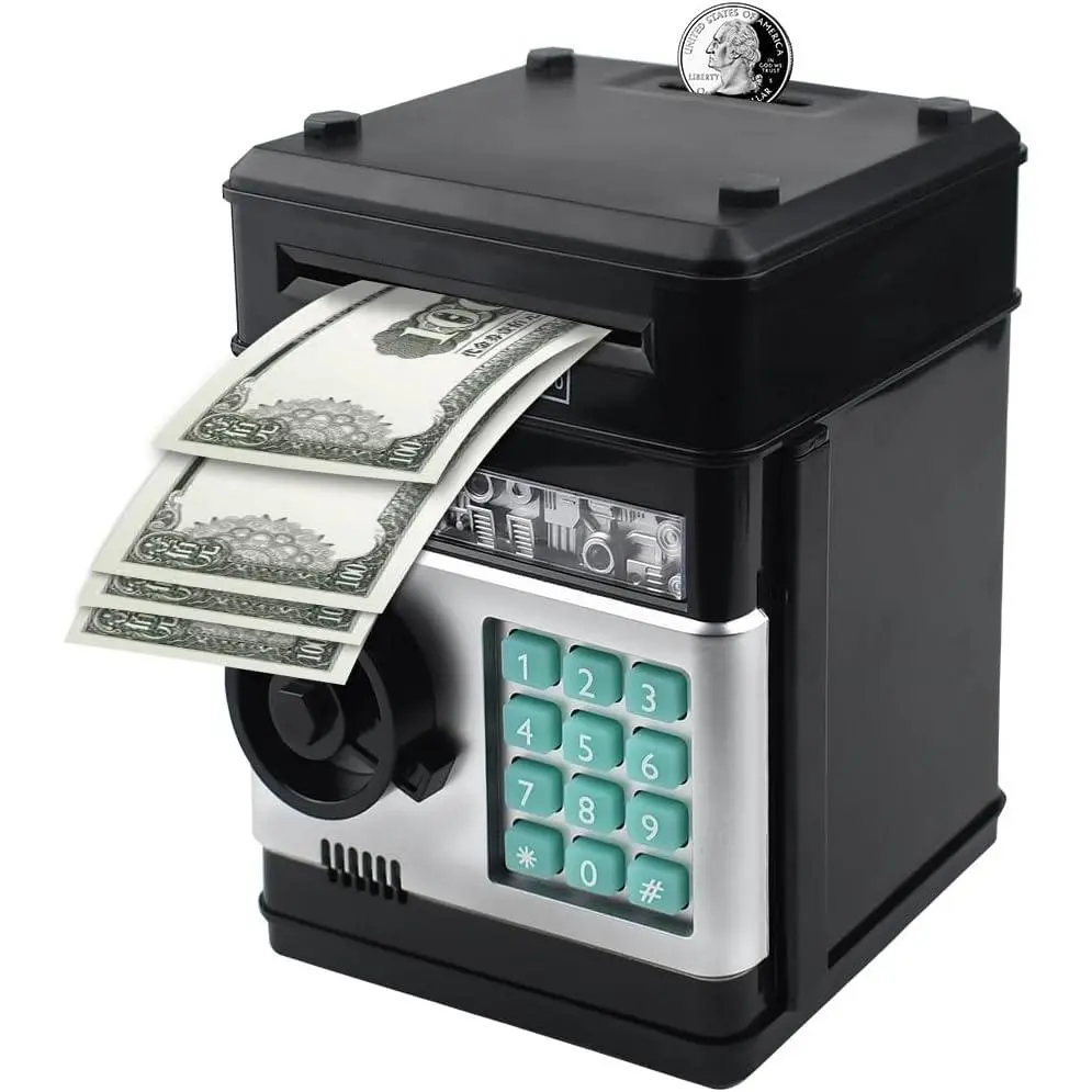 Suliper Secure Electronic Code Lock Piggy Bank for Kids - Mini ATM Safe with Auto Money Scroll, Home Decor Birthday Gift for Boys/Girls (Black)