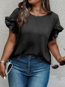 Plus Size Women's Solid Color Ruffle Trim Petal Sleeve Blouse, Shirts, Plus Casual Short Sleeve Round Neck Top for Summer, Women's Plus Clothing for Daily Wear, Basic, Fit, Everyday, Womenswear