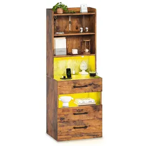 LED Tall Nightstand with Bookshelf Brown