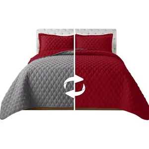 3-Piece Quilted Reversible Bedspread Coverlet Set with Pillow Shams, Stitching All Season Weight - Soft- Full, Burgundy/Gray