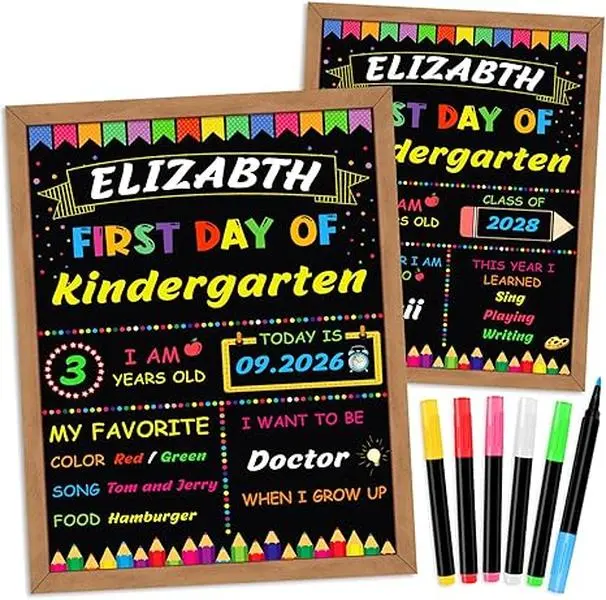 First & Last Day of School Sign for Kids with 6 Color Markers 11x14 Inch Double Sided Reusable Chalkboard Back to School Photo Prop Board for Preschool Kindergarten Boys & Girls Wooden School Memory Sign
