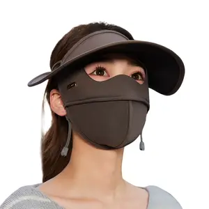 Sunscreen face mask with hood and brim, providing UV protection, windproof and cold-resistant, with fleece lining for warmth.