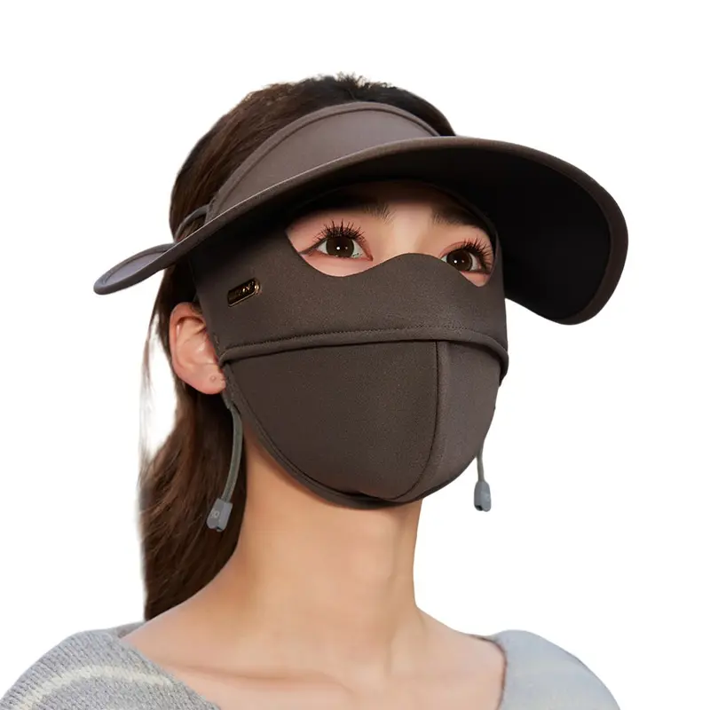 Sunscreen face mask with hood and brim, providing UV protection, windproof and cold-resistant, with fleece lining for warmth.