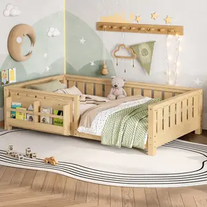 Twin/Full/Queen Size Floor Bed with built-in bookshelf and high-quality safety guardrail,Solid Wood Platform Bed Frame with Slats