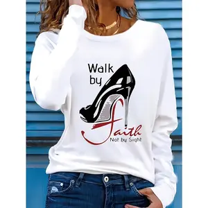 COD Women'S Long Sleeve Crew Neck T-Shirt - High Heels And "Walk with Confidence" Inspirational Graphic Print - Comfortable And Breathable Casual Top - Machine Washable Four Seasons Wear, Women'S T-Shirt