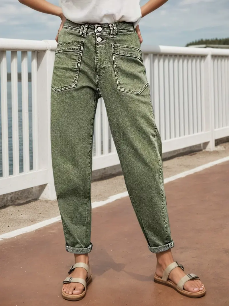 Women's Lady Basic Mid-Rise Stretch Straight-Leg Olive Green Denim Pants - Button-Closure, Belt Loops, Slanted Pockets, All Seasons, Casual/Semi-Formal Bottoms, Cowgirl Streetwear Vintage Blue Wash Frame Jeans